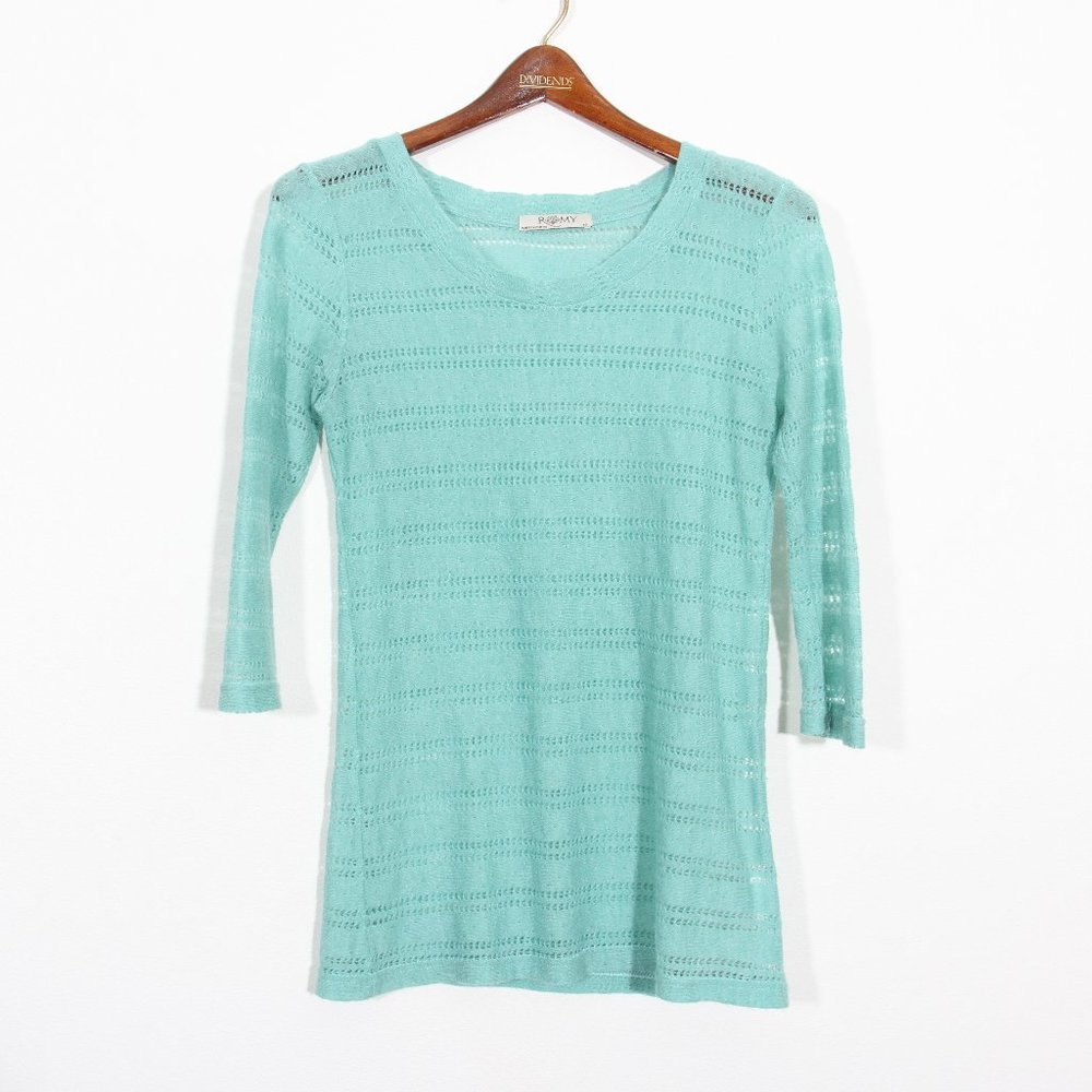 3/$15 Romy Teal Open Knit Top Stripe 1/2 Sleeve Scoop Neck Blue Green Size XS